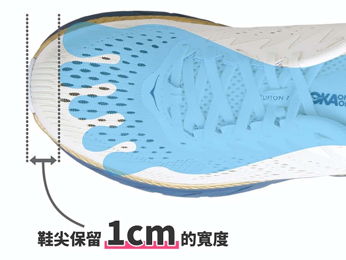 腳尖與鞋尖應保留1cm寬度以確保腳趾的活動性