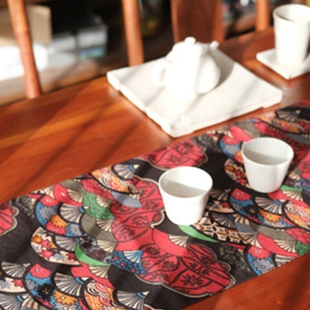 紅扇子和風茶席長形桌巾  1