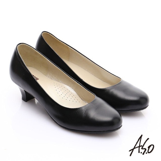 A.S.O 舒適通勤 全真皮通勤簡約素面中跟鞋- 黑軟皮 1